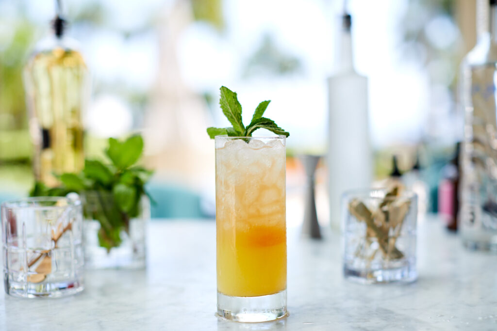 Refreshing orange cocktail over ice with mint. Swizel.